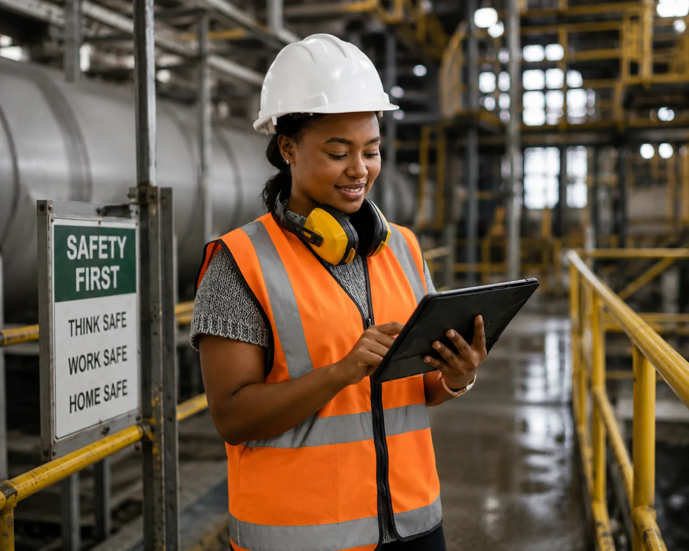 Safety inspector in hi-vis vest and hard hat reviewing a checklist on a tablet near a "Safety First" sign