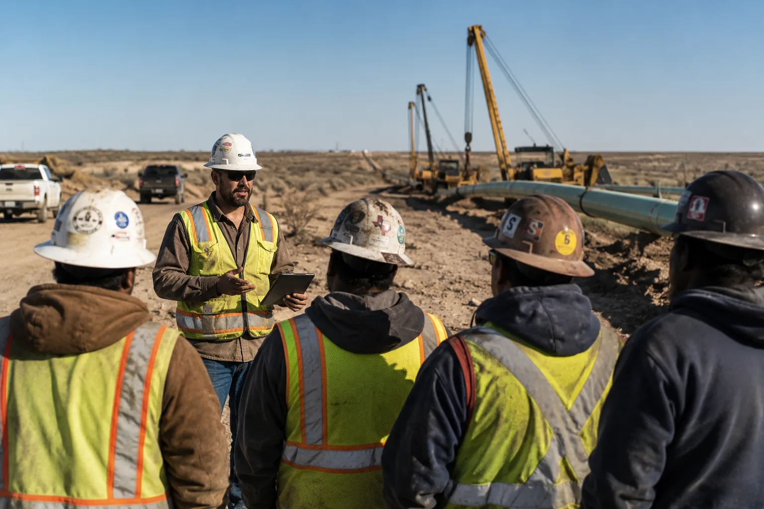 Construction foreman leading a tailboard safety meeting with crew