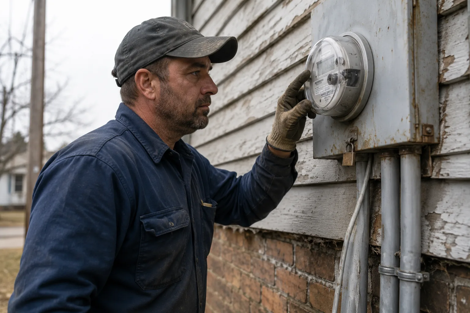 Utility auditor inspecting infrastructure with digital device