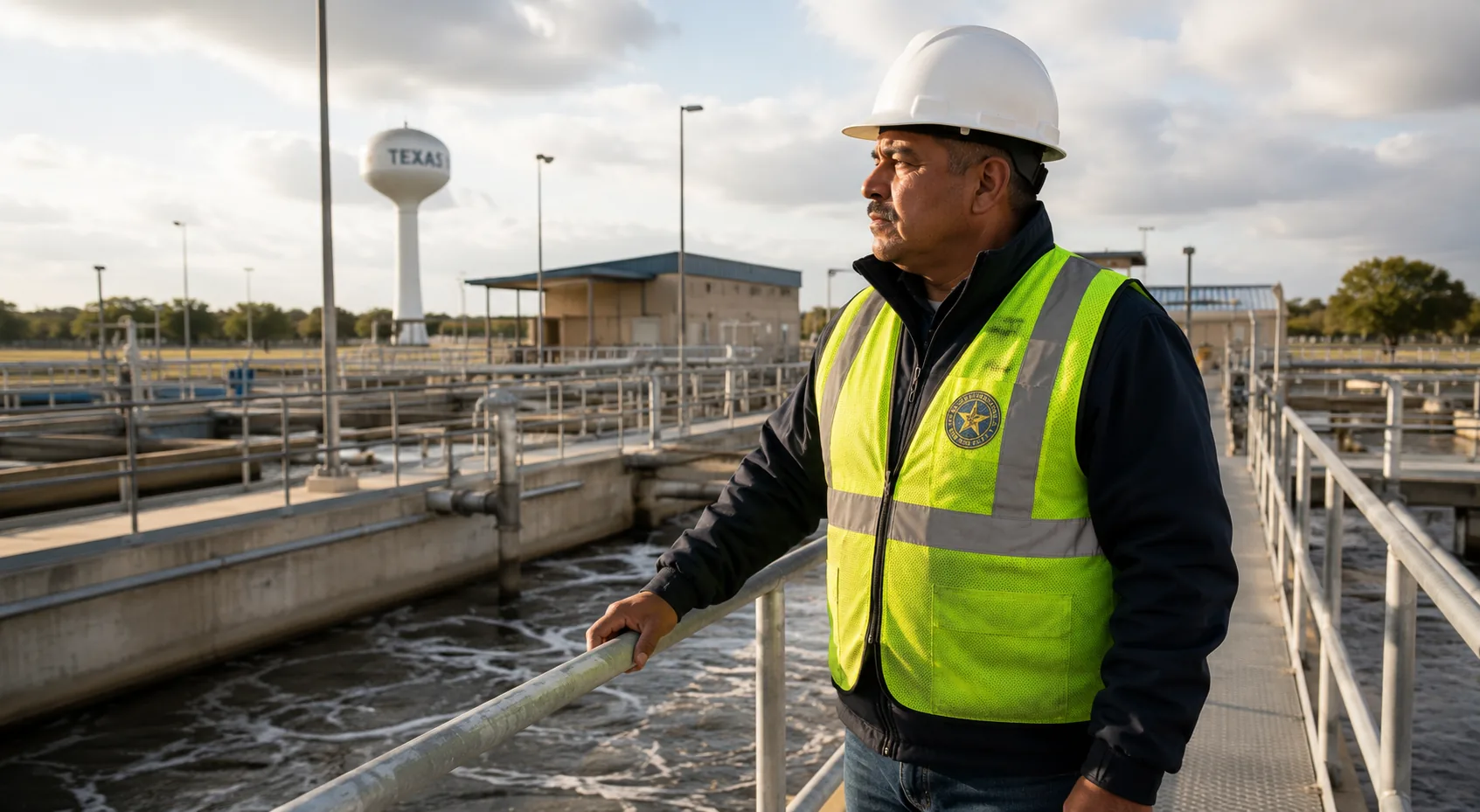 Texas state worker in safety vest at a water treatment plant with TEXAS water tower